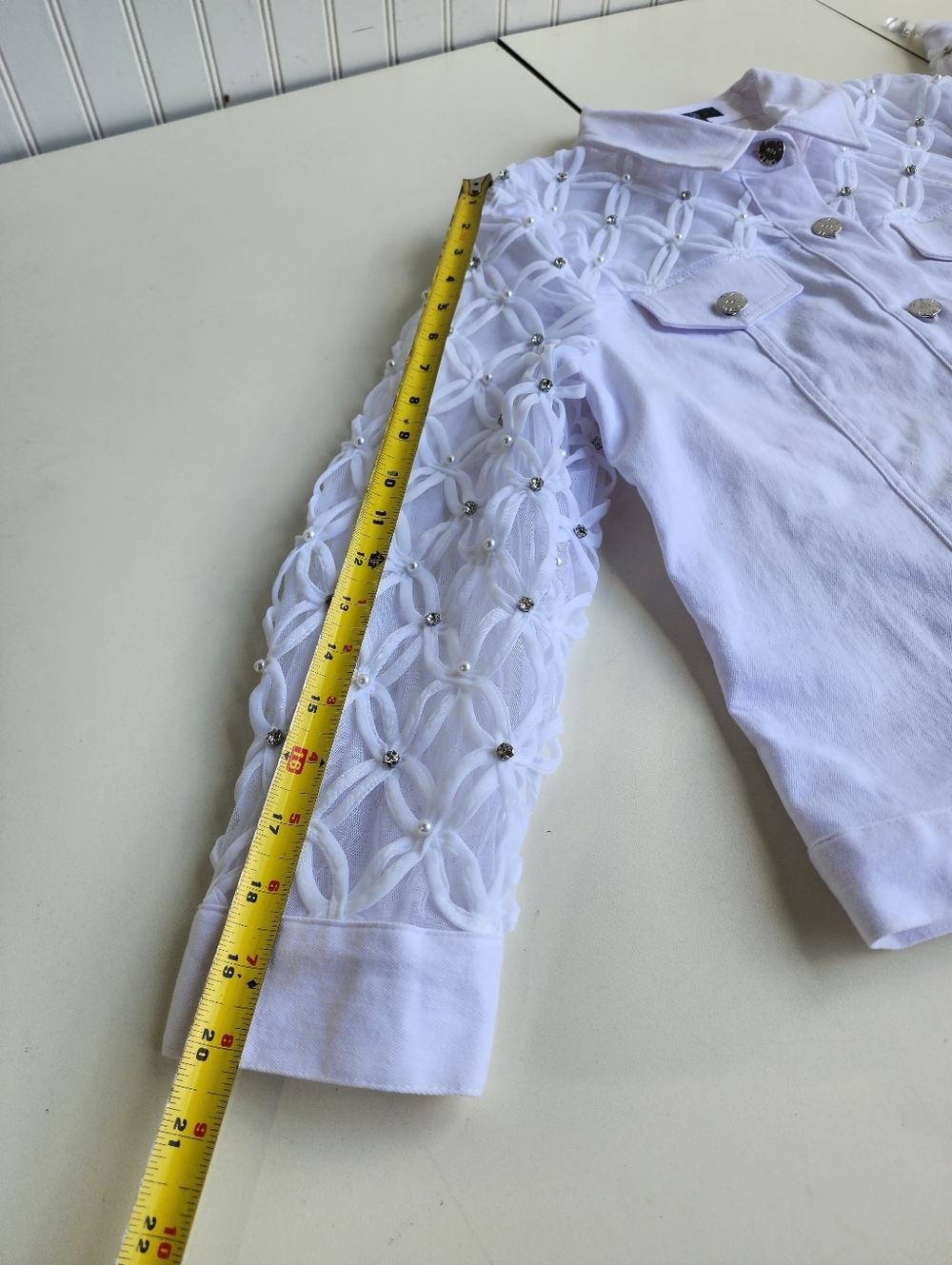NWT AZI "Renee" White Denim JacketLace Sheer Sleeves Stretch Sz M - Picture 15 of 16
